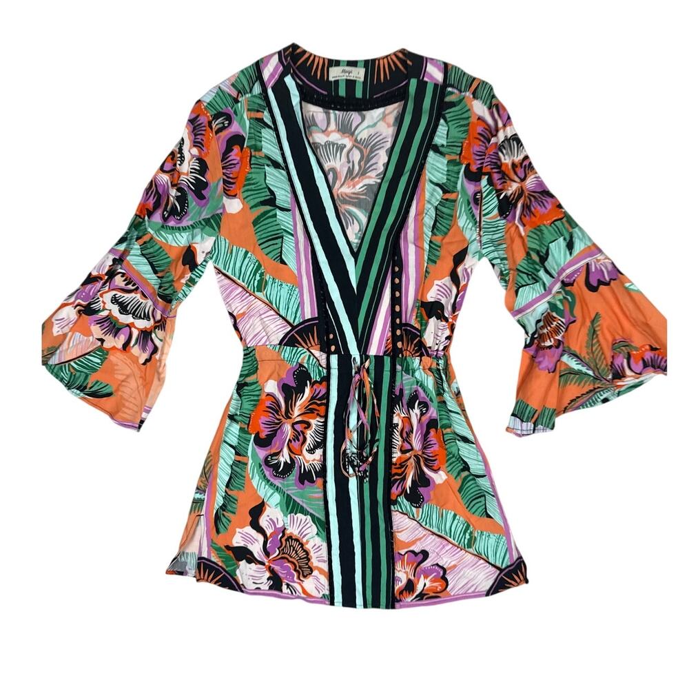 Maaji Kaftan Dress Mini Apricot Blooms Joyous Print Boho Resort Wear Small